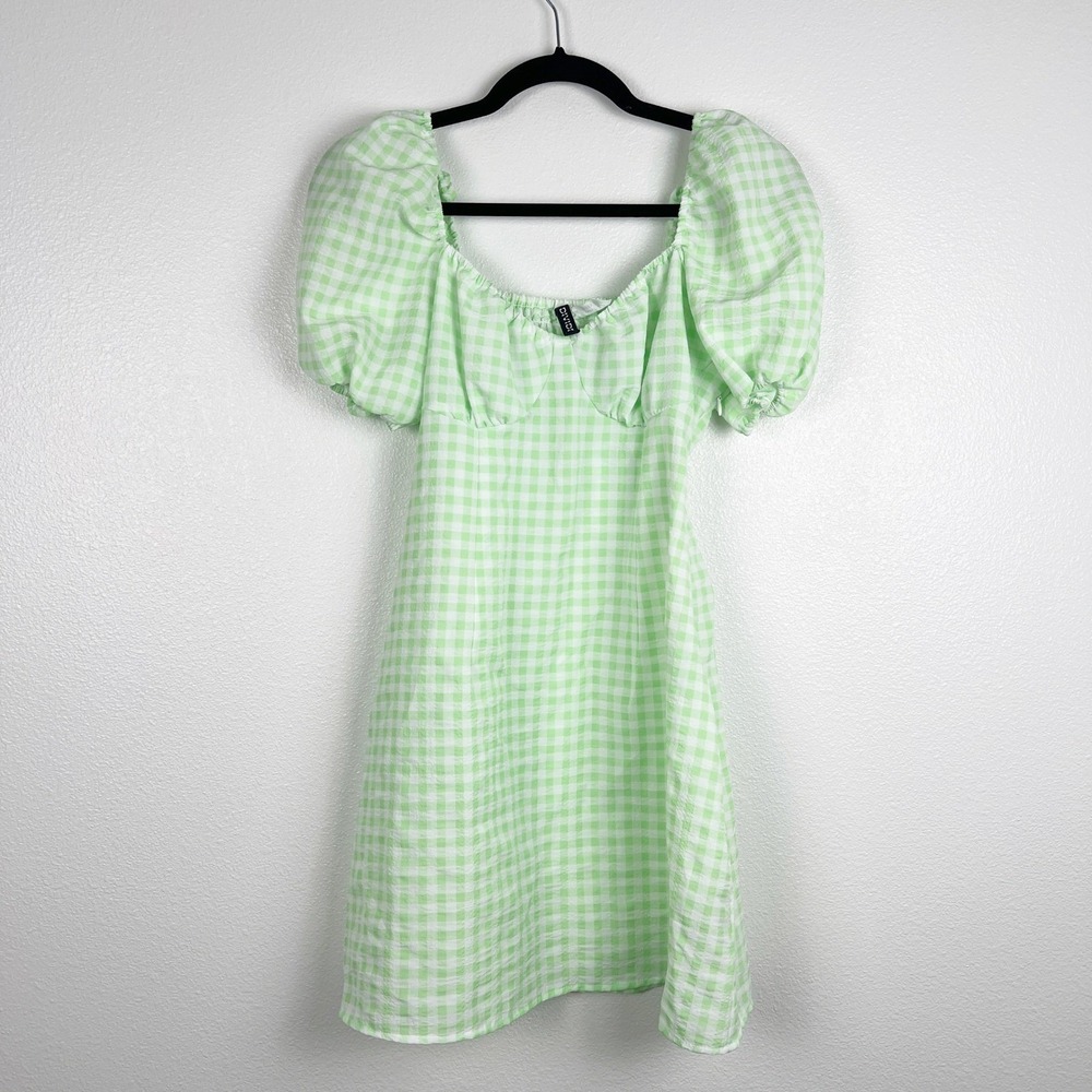 H&M Divided Women Green Gingham Puff Sleeve Sweetheart Dress M